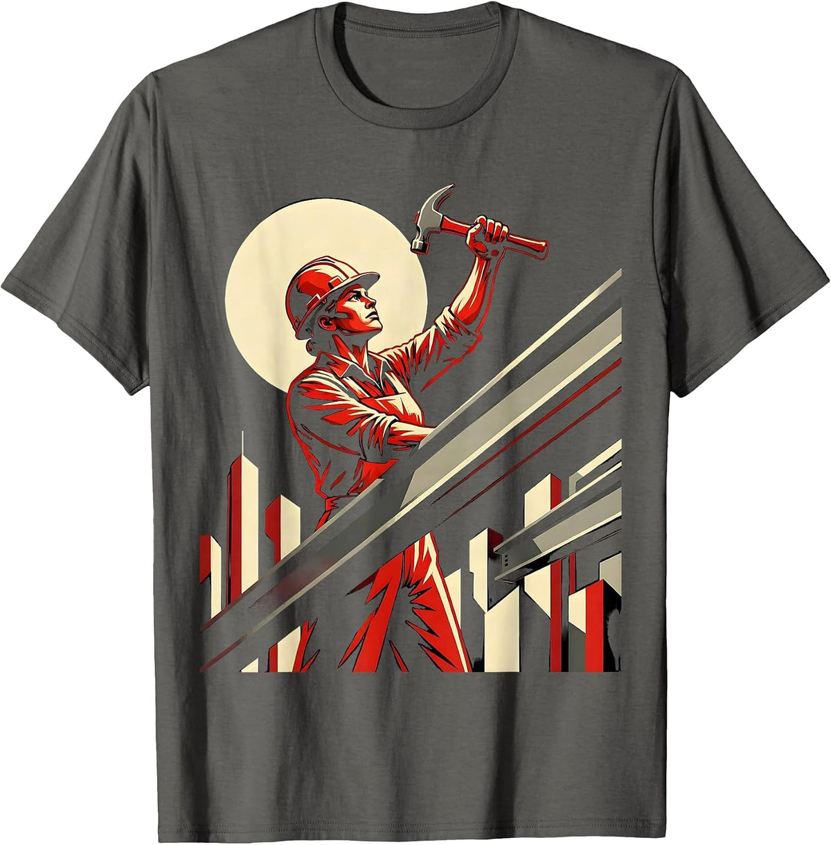 Labor Day Ironworker Steel Beam Skyline Graphic T-Shirt - Asphalt Grey
