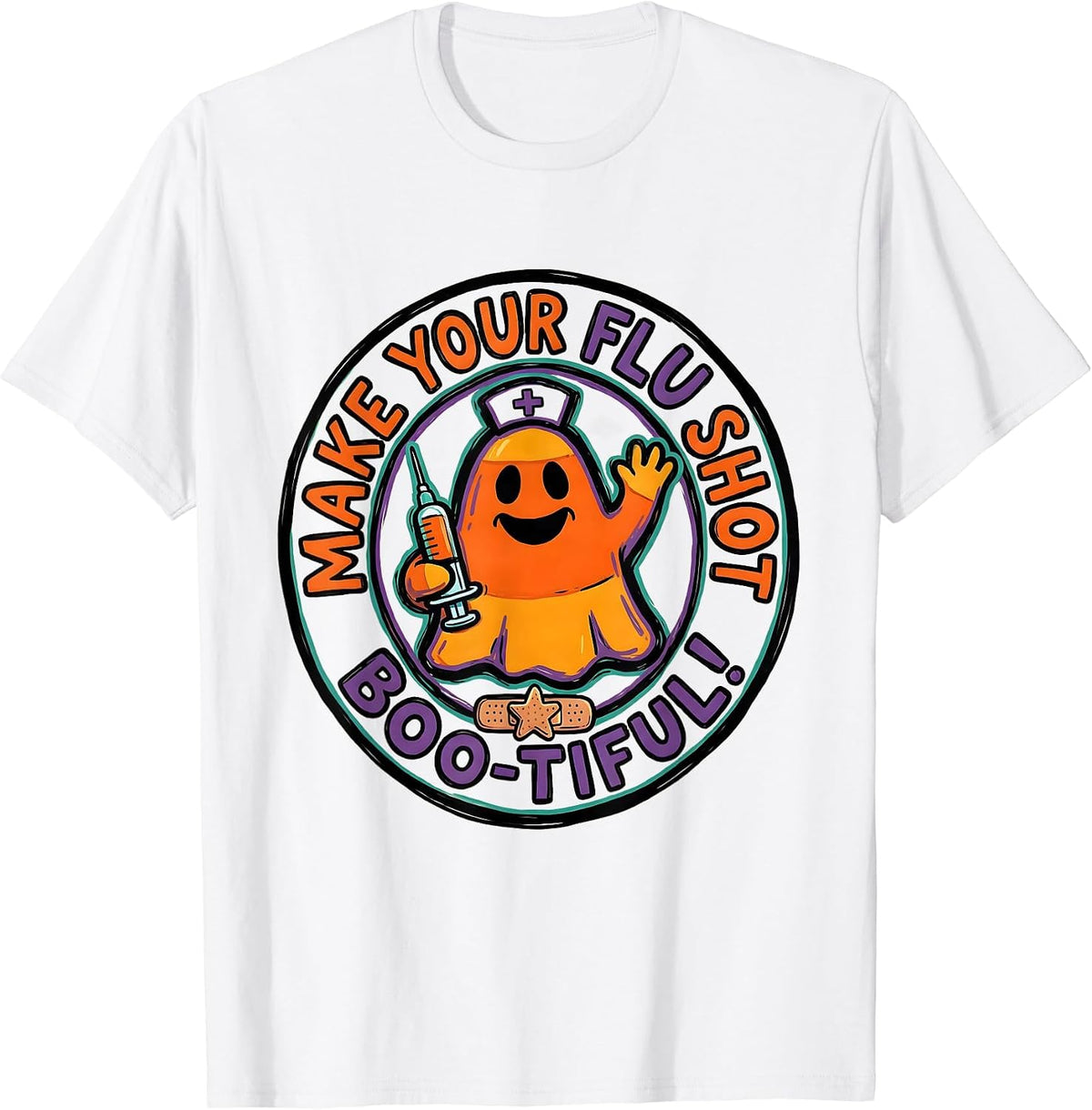 Men's Make Your Flu Shot Boo-tiful Funny Nurse Ghost Halloween T-Shirt - White