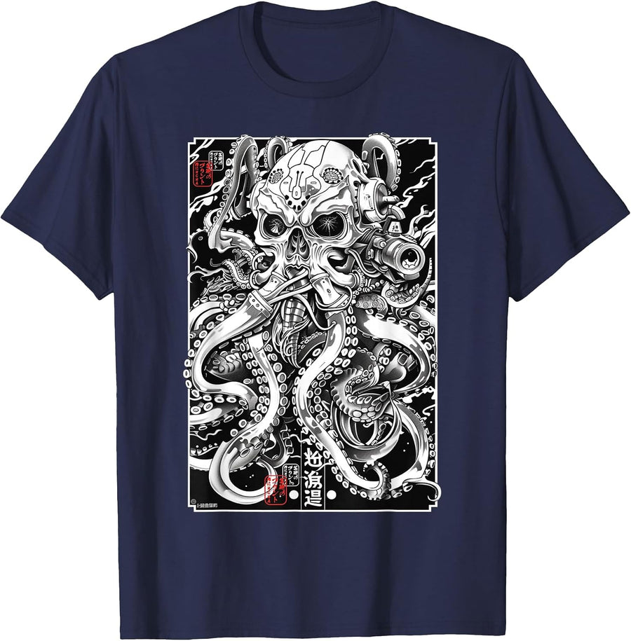 Japanese Cyberpunk Octopus Skull – Futuristic Streetwear Art T-Shirt - Navy Blue