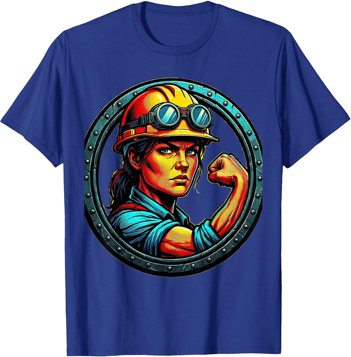 Rosie the Riveter Hard Hat and Goggles Illustration T-Shirt - Royal Blue
