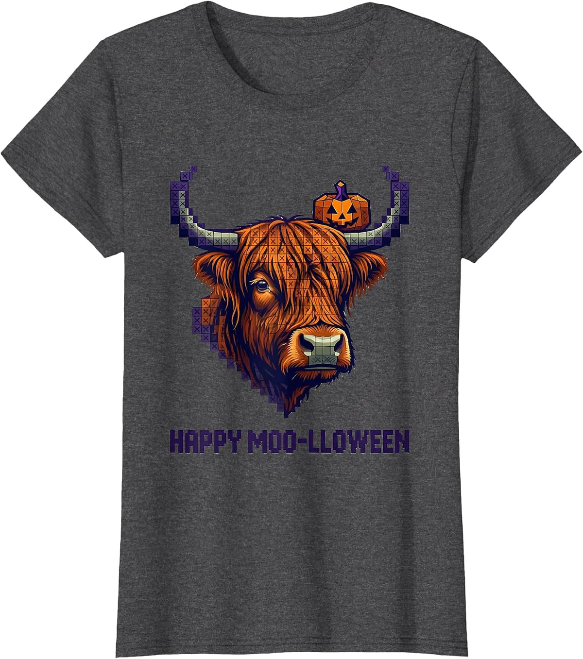 Women's Happy Moo-lloween Cross Stitch Sampler Highland Cow Holiday T-Shirt - Dark Heather Grey