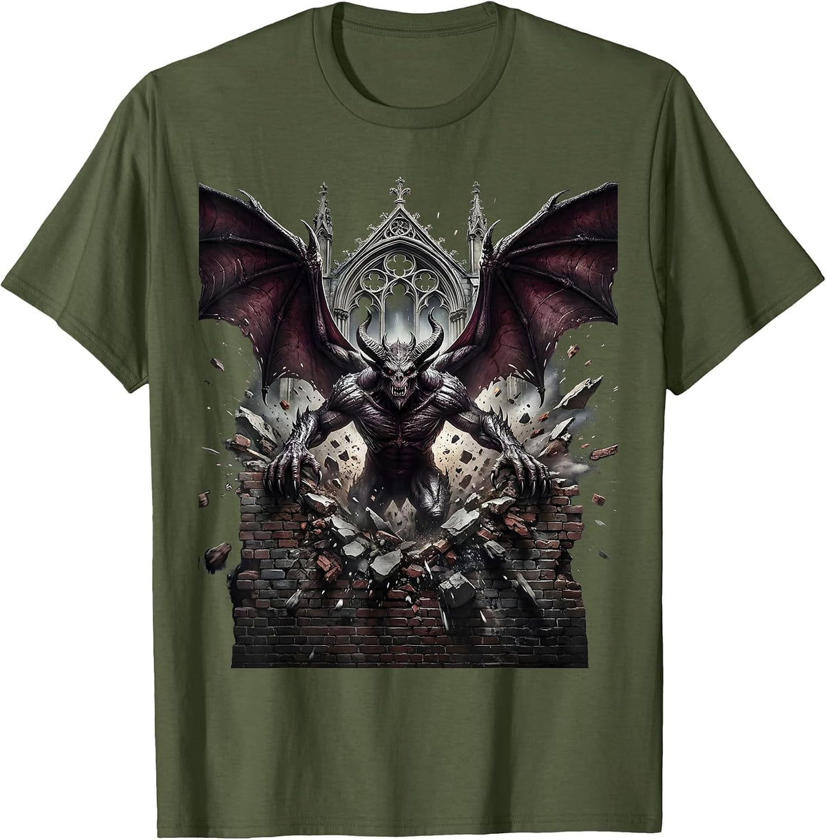 Winged Demon Bursting Through Brick Wall T-Shirt - Olive Green