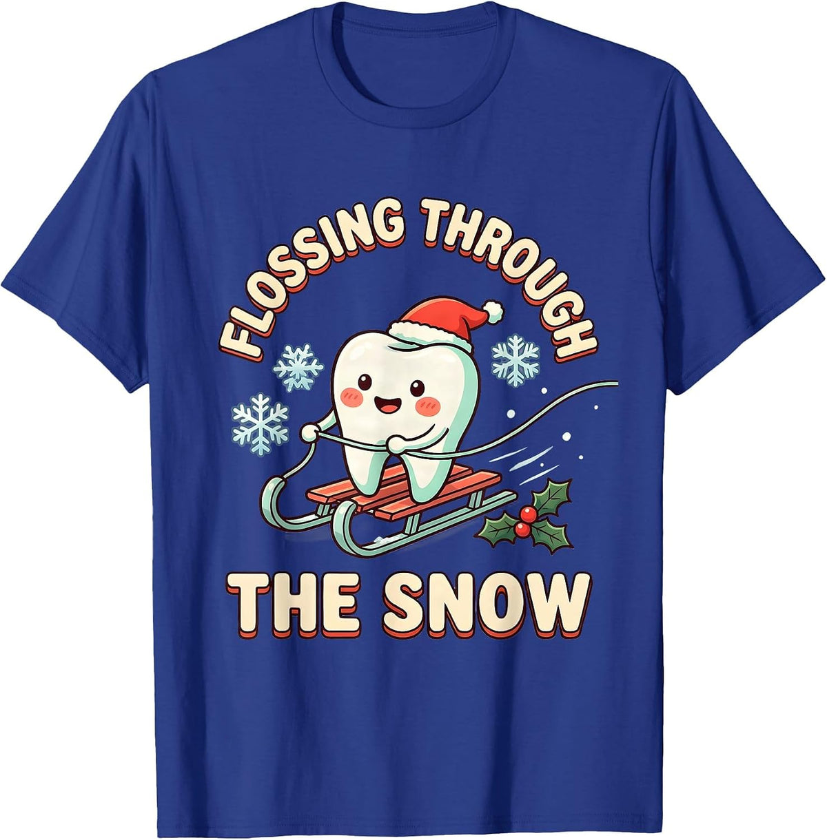 Flossing Through the Snow Cute Kawaii Dentist Christmas T-Shirt - Royal Blue