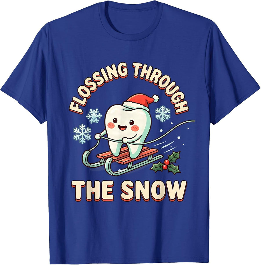 Flossing Through the Snow Cute Kawaii Dentist Christmas T-Shirt - Royal Blue