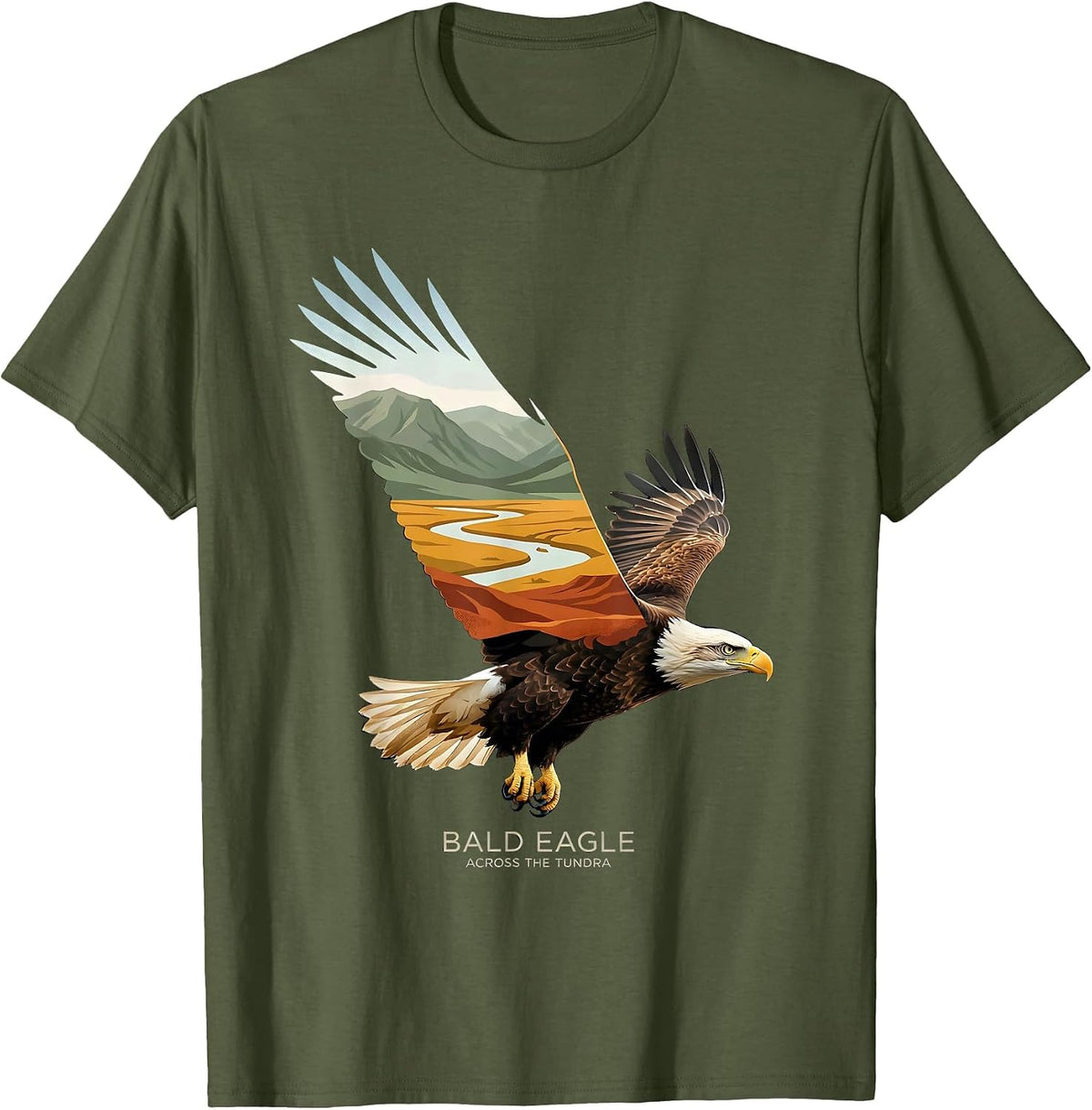 Men's Bald Eagle Across The Tundra Vintage Patriotic Bird Lover T-Shirt - Olive Green