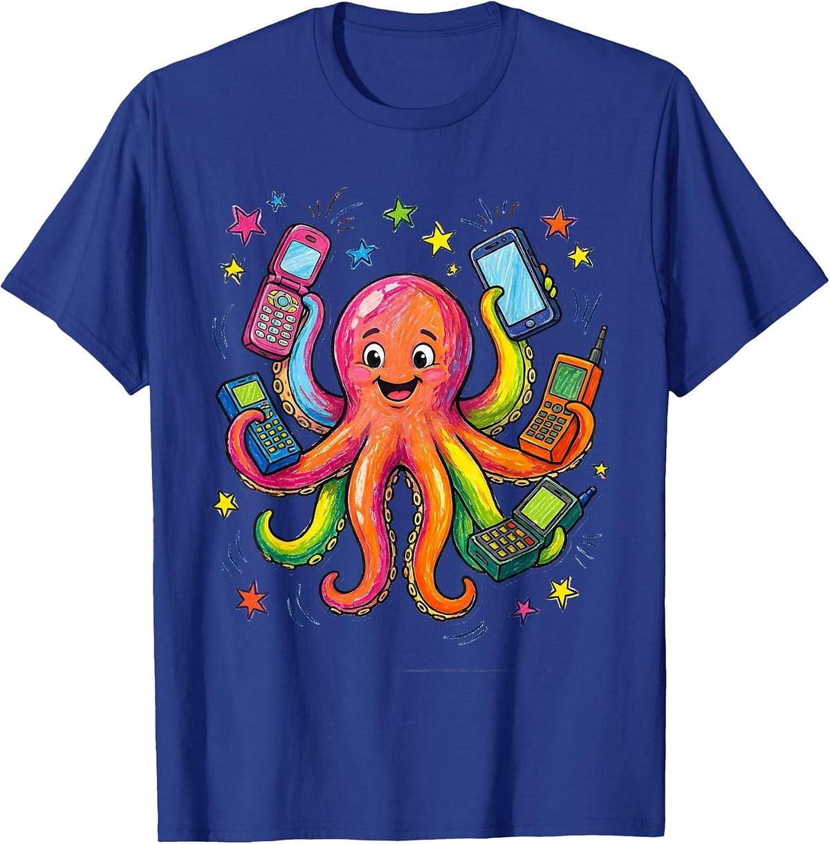 Men's Octopus Multitasking With Eight Phones Funny Art T-Shirt - Royal Blue