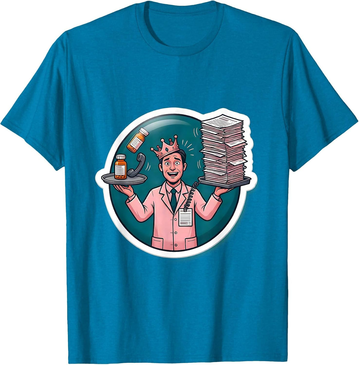 Pharmacy Tech Badge Humor Sticker Style T-Shirt - Sapphire Blue