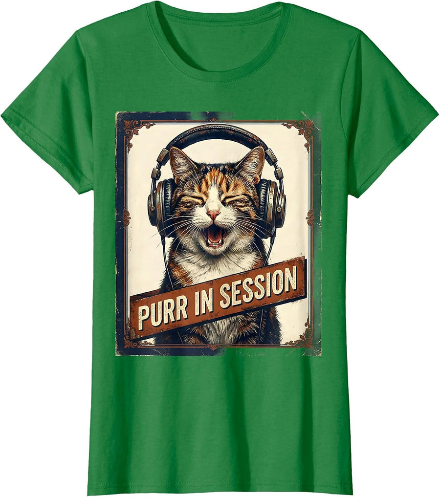 Women's Purr In Session Vintage Funny Cat DJ Music Lover Gift T-Shirt - Kelly Green