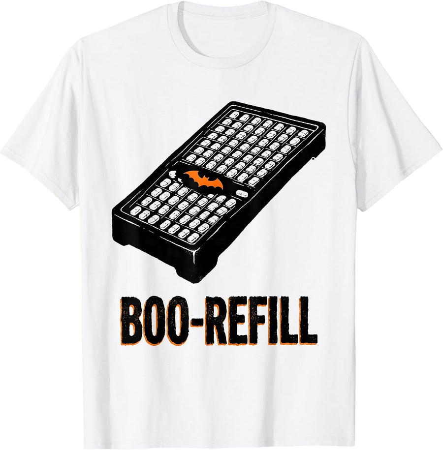 Men's Boo-Refill Stencil Halloween Pharmacy Tech Novelty Humor T-Shirt - White