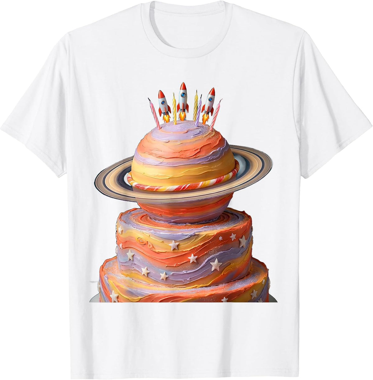 Birthday Cake Planet Outer Space Celebration Graphic T-Shirt - White
