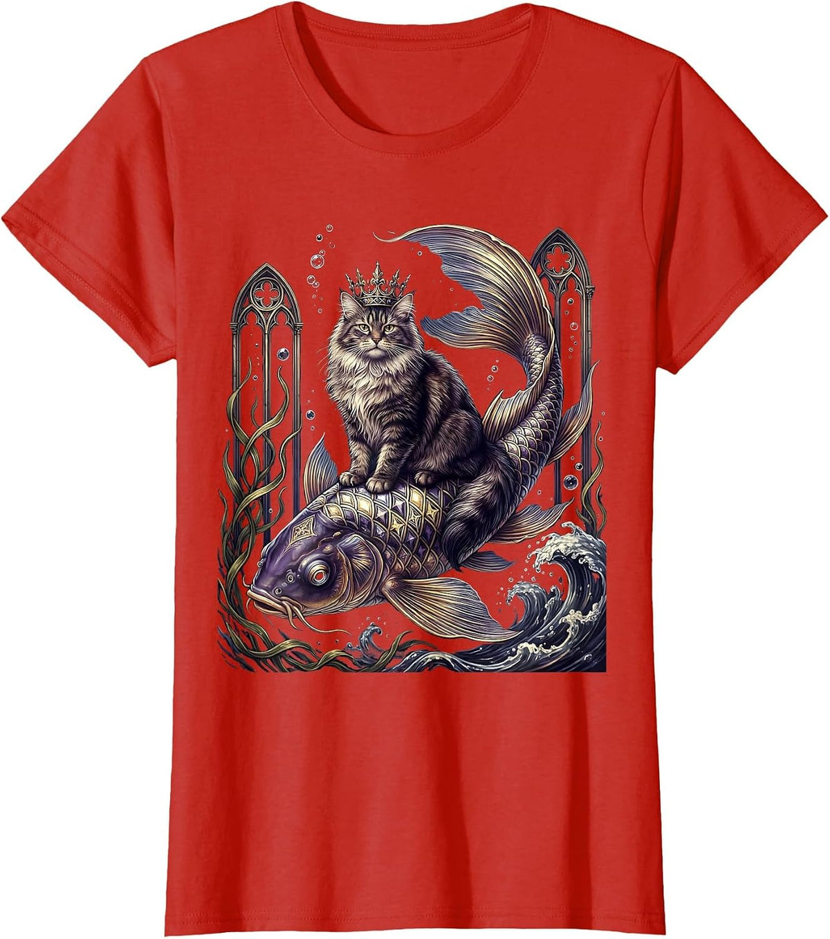 Cat Riding Giant Koi Fish Underwater Art T-Shirt - Red