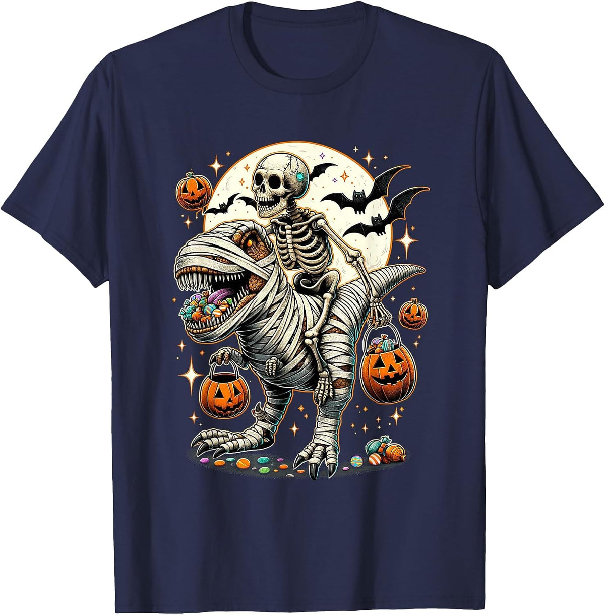 Skeleton Riding Mummy Dinosaur T Rex Kids Boys Men Halloween T-Shirt - Navy Blue