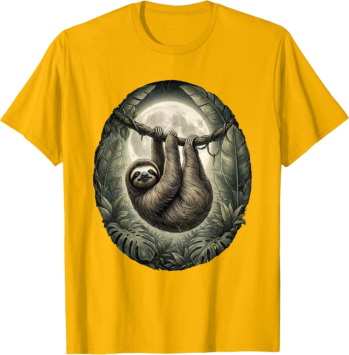 Men's Sloth Hanging from Moonlit Jungle Vine T-Shirt - Golden Yellow