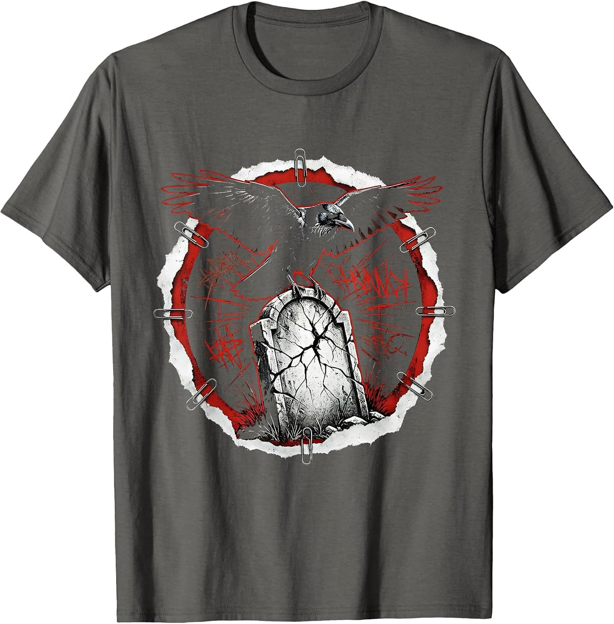 Men's Crow on Crumbling Gravestone Halloween Graphic T-Shirt - Asphalt Grey