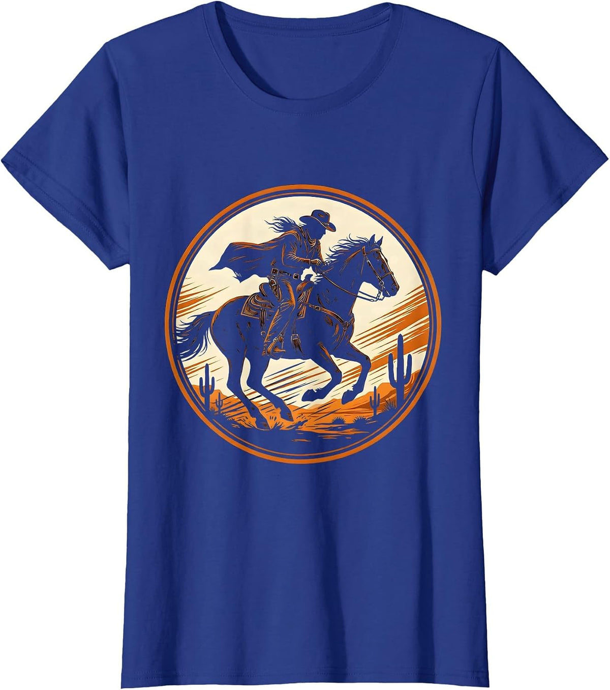Women's Cowboy Riding Hard Through Desert Storm T-Shirt - Royal Blue