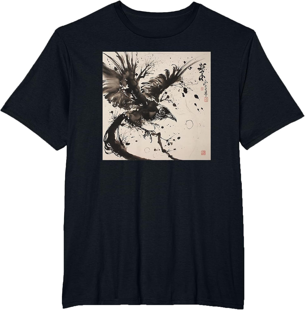 Japanese Ink Art Crow- Raven Ink Art Graphic T-Shirt - Black