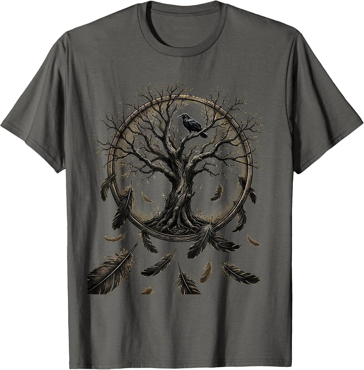 Crow Feathers Falling Around a Lone Tree T-Shirt - Asphalt Grey