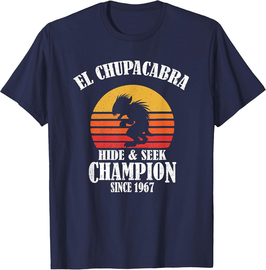 Funny Retro Vintage Hide & Seek Champion El Chupacabra Lover T-Shirt - Navy Blue