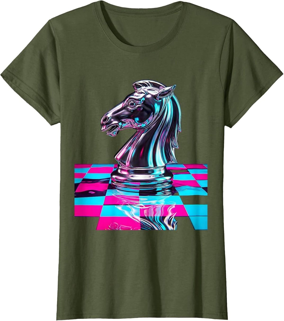Women's Chess Knight Checkered Board Graphic Design T-Shirt - Olive Green