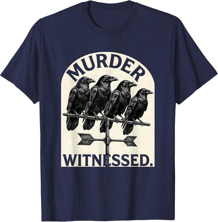 Murder Witnessed Scratchboard Dark Humor Crow Raven Gothic T-Shirt - Navy Blue