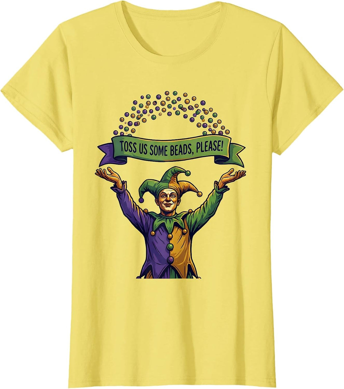 Toss Us Some Beads, Please! Funny Mardi Gras Jester Carnival T-Shirt - Lemon Yellow