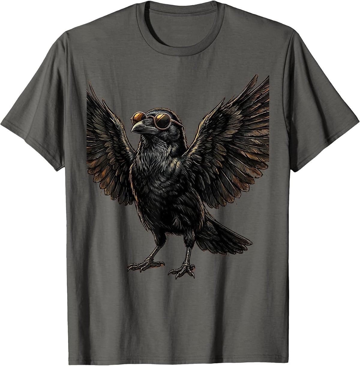 Cool Crow in Sunglasses Raised Feathers Graphic T-Shirt - Asphalt Grey