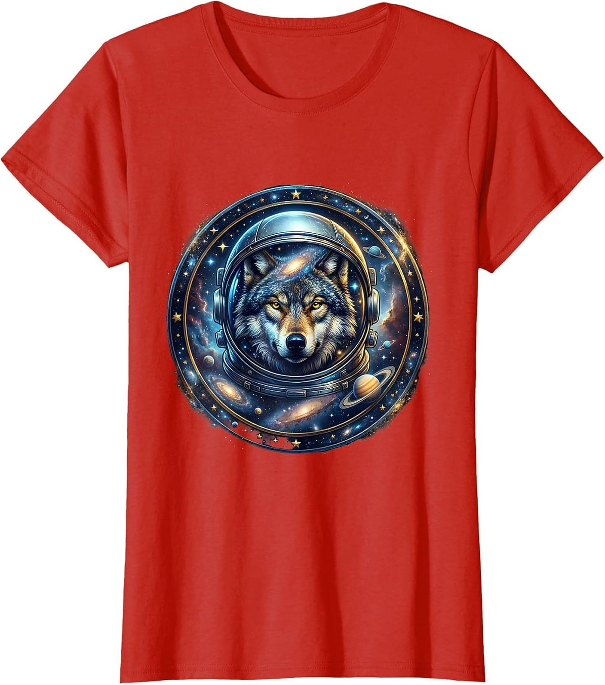 Wolf Astronaut Floating in Outer Space T-Shirt - Red