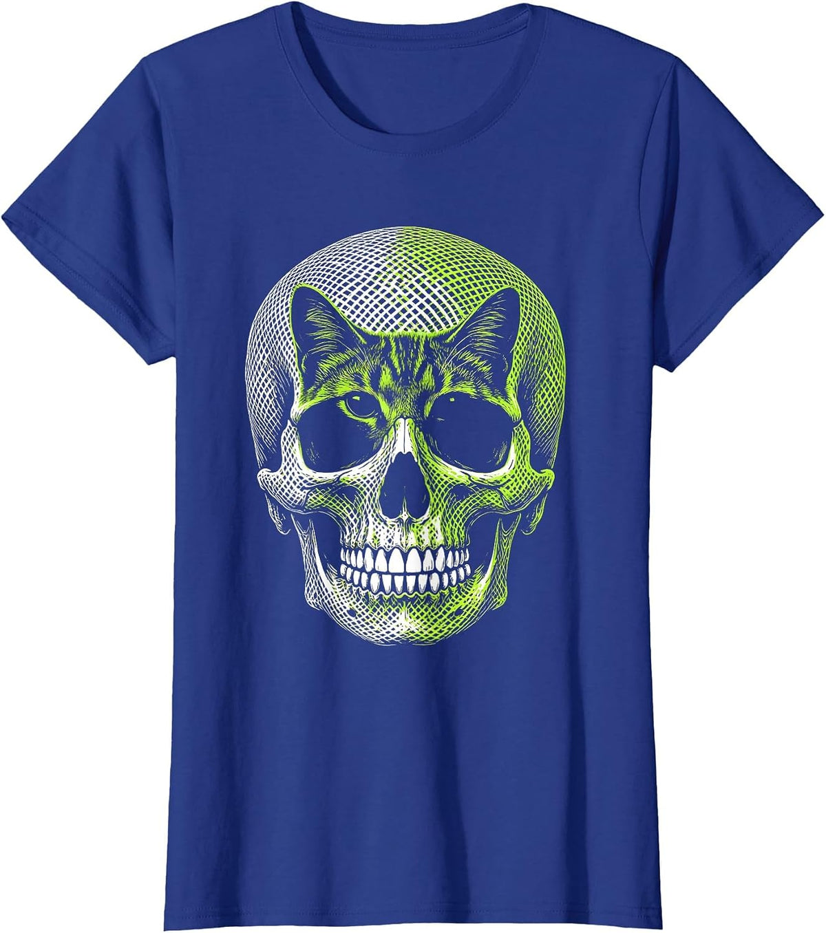 Women's Cat Skull Optical Illusion Gothic Halloween Cat Lover T-Shirt - Royal Blue