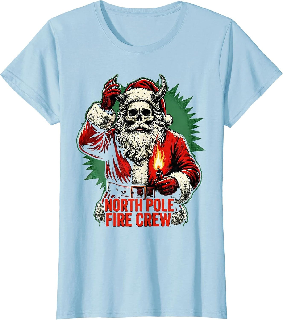 North Pole Fire Crew Heavy Metal Rocker Christmas Santa T-Shirt - Baby Blue