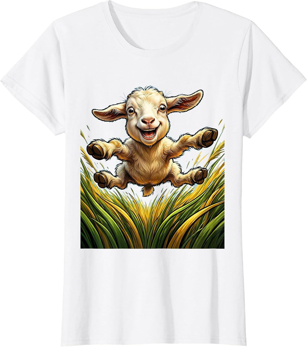 Women's Baby Goat Leaping Through Tall Grass Illustration T-Shirt - White