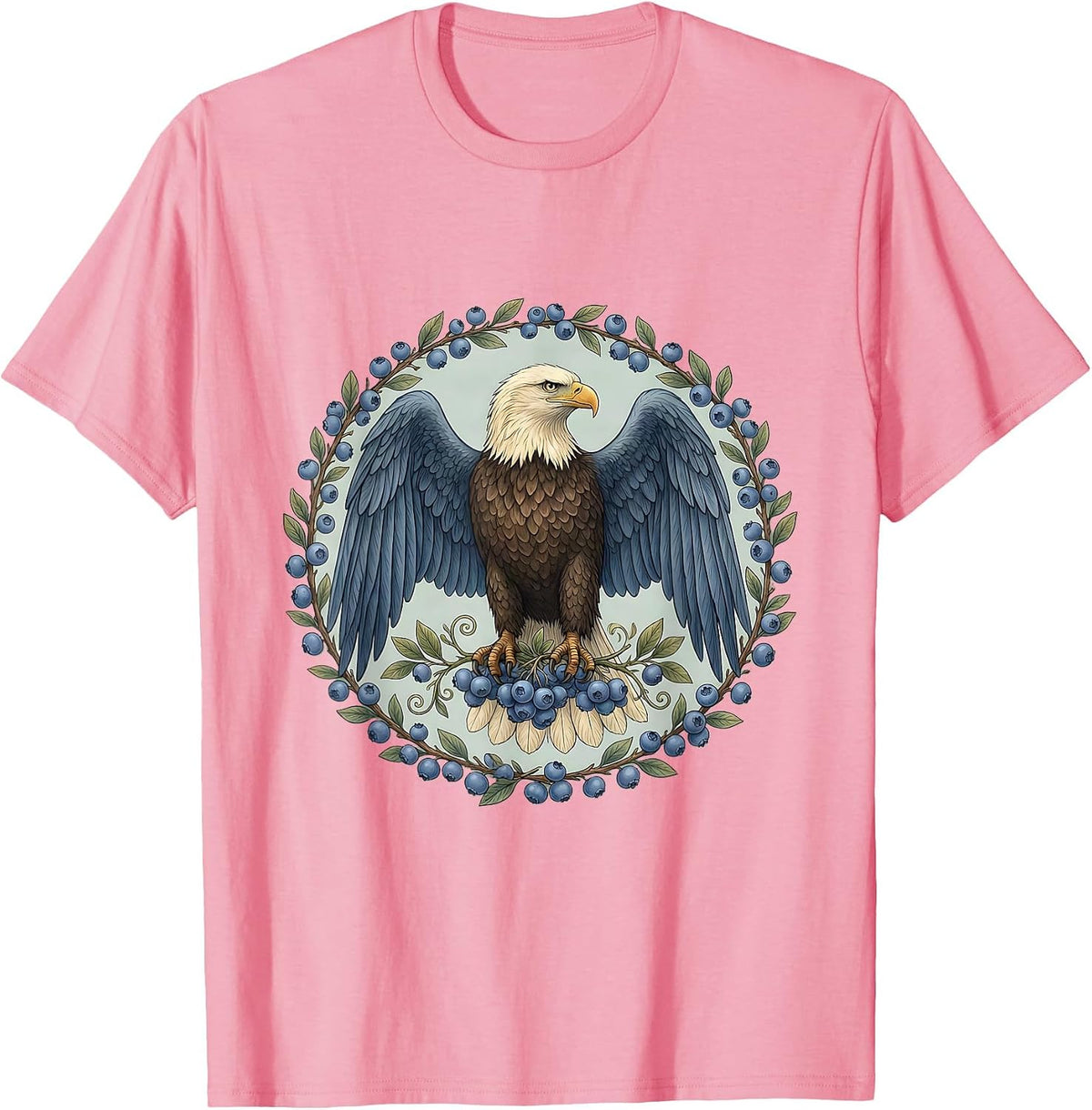 Bald Eagle Blueberry Grip Patriotic Illustration T-Shirt - Pink