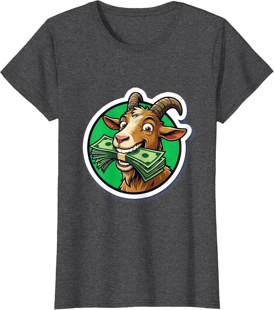 Women's Funny Goat Eating Money Illustration T-Shirt - Dark Heather Grey