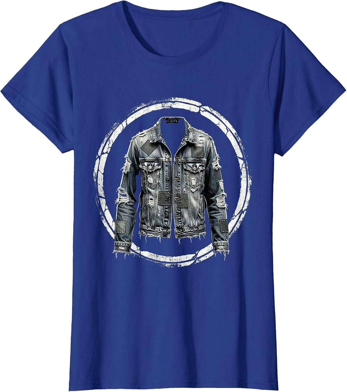Women's Grunge Patched Denim Jacket Illustration T-Shirt - Royal Blue