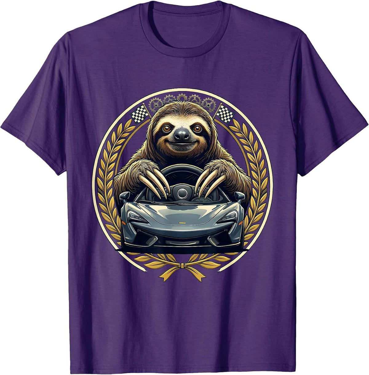 Slow Lane Sloth Sports Car Funny Graphic T-Shirt - Purple