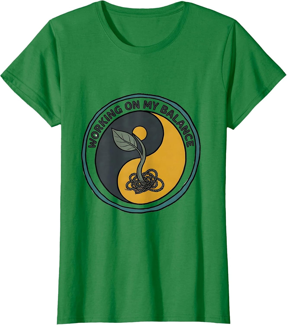 Women's Working On My Balance Midcentury Modern Yin Yang Tai Chi T-Shirt - Kelly Green