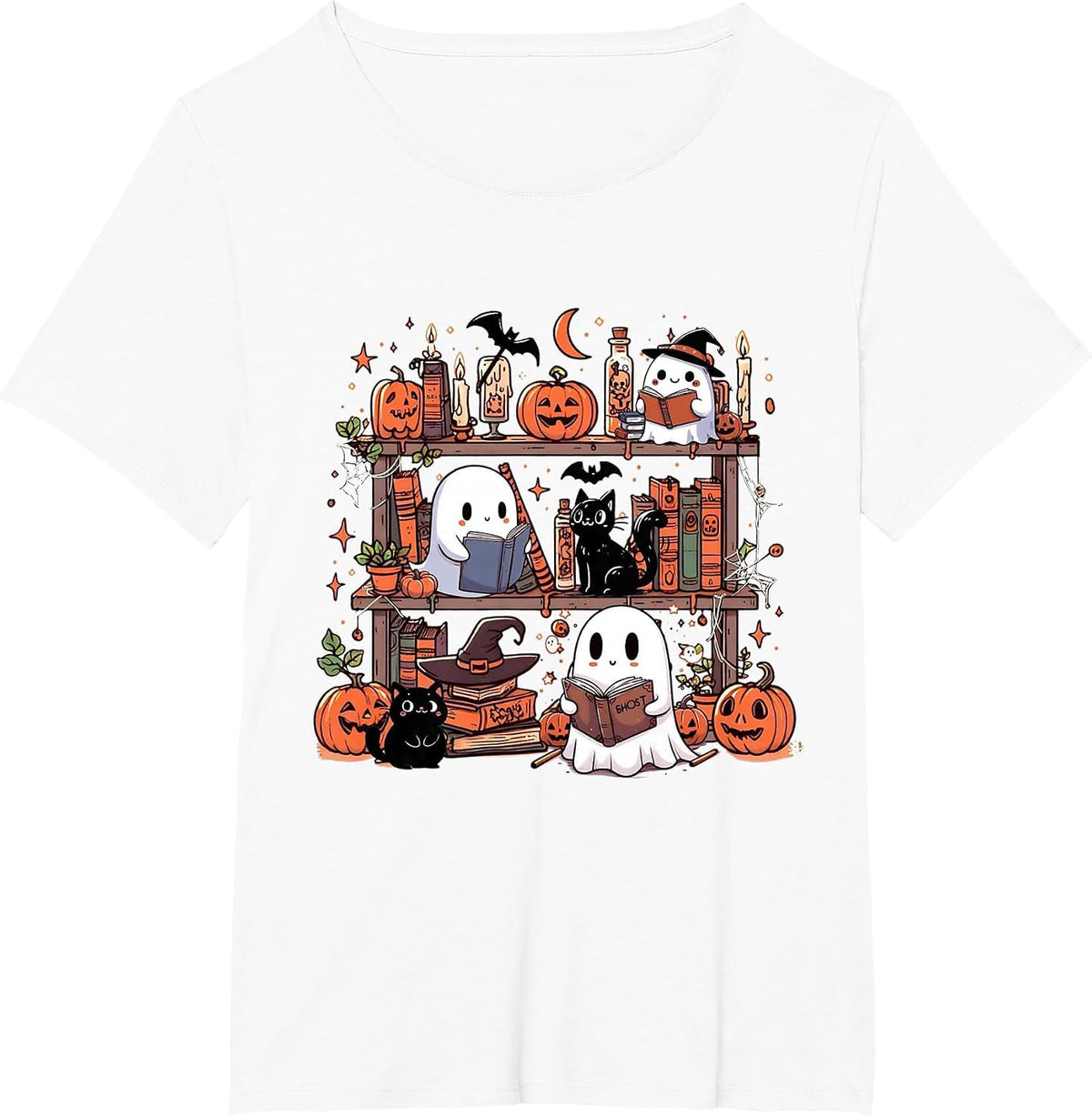 Vintage Bookish Ghost Cute Halloween Reading Romance Spooky T-Shirt - White