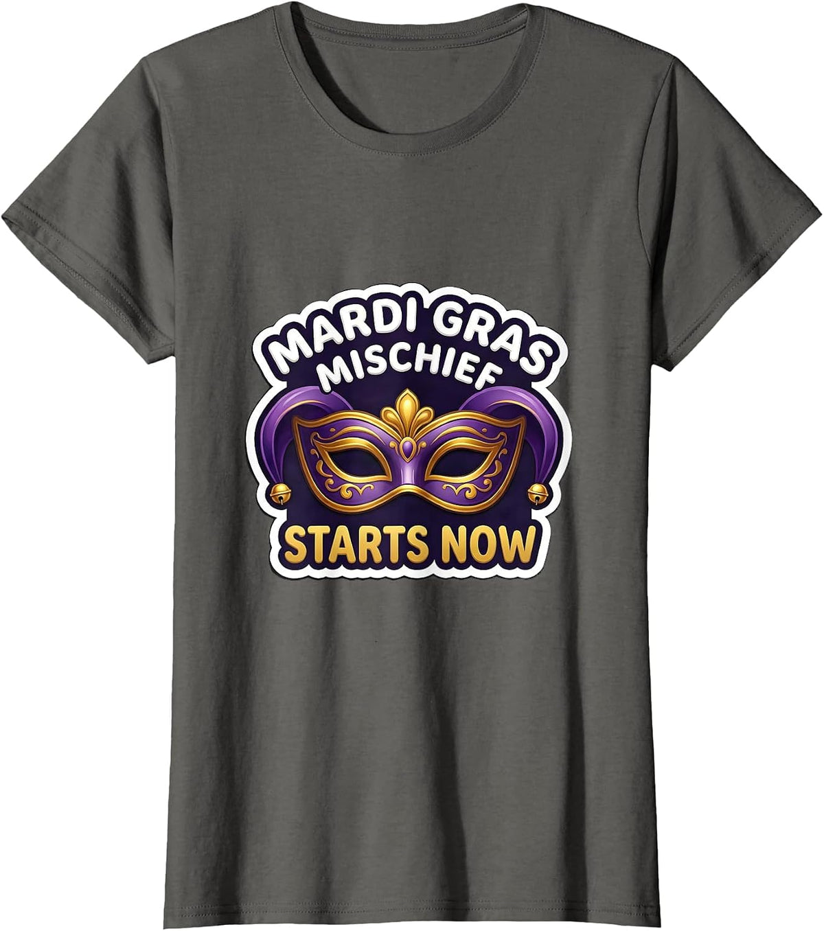 Women's Mardi Gras Mischief Starts Now Jester Mask Carnival Party T-Shirt - Asphalt Grey