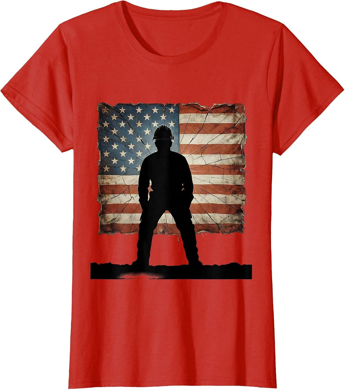 Construction Worker Hard Hat American Flag Patch T-Shirt - Red