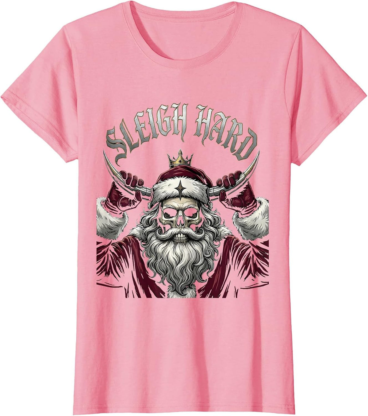 Women's Sleigh Hard Gothic Heavy Metal Santa Claus Christmas Humor T-Shirt - Pink
