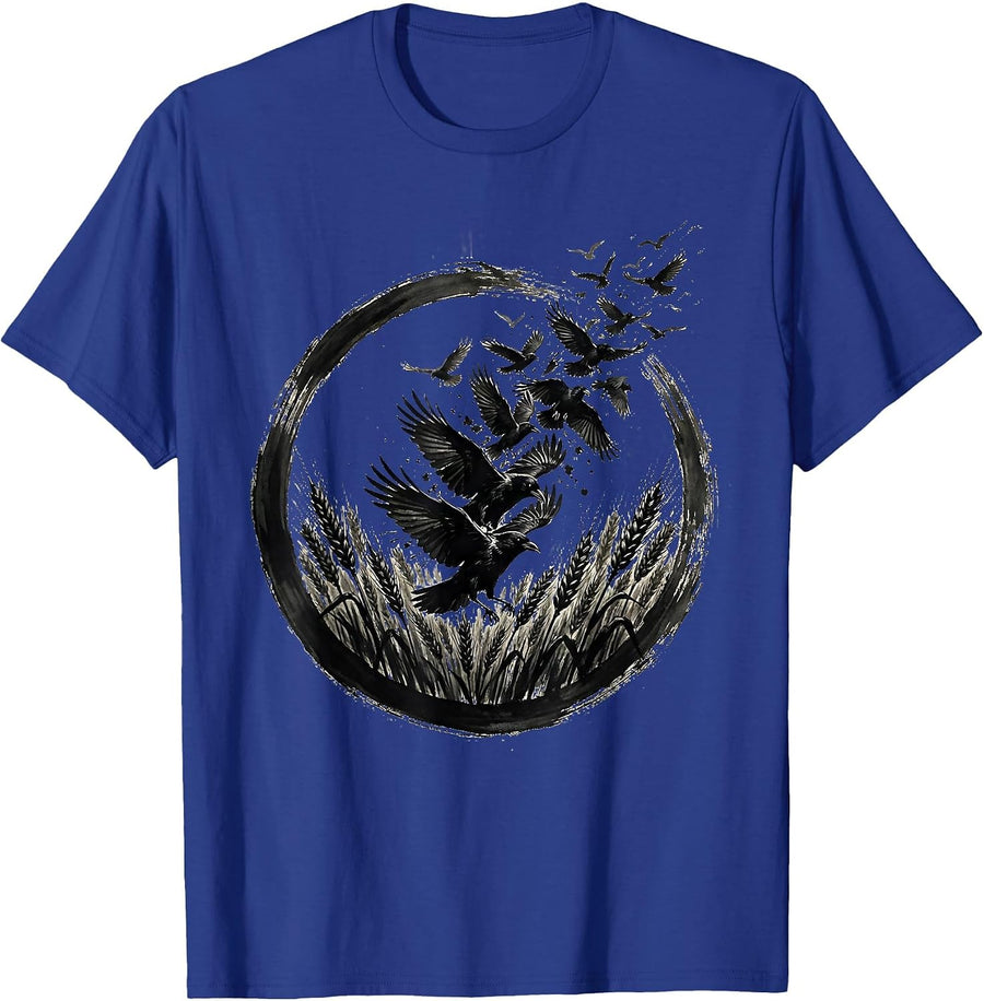 Crows Bursting From Wheat Field Illustration T-Shirt - Royal Blue