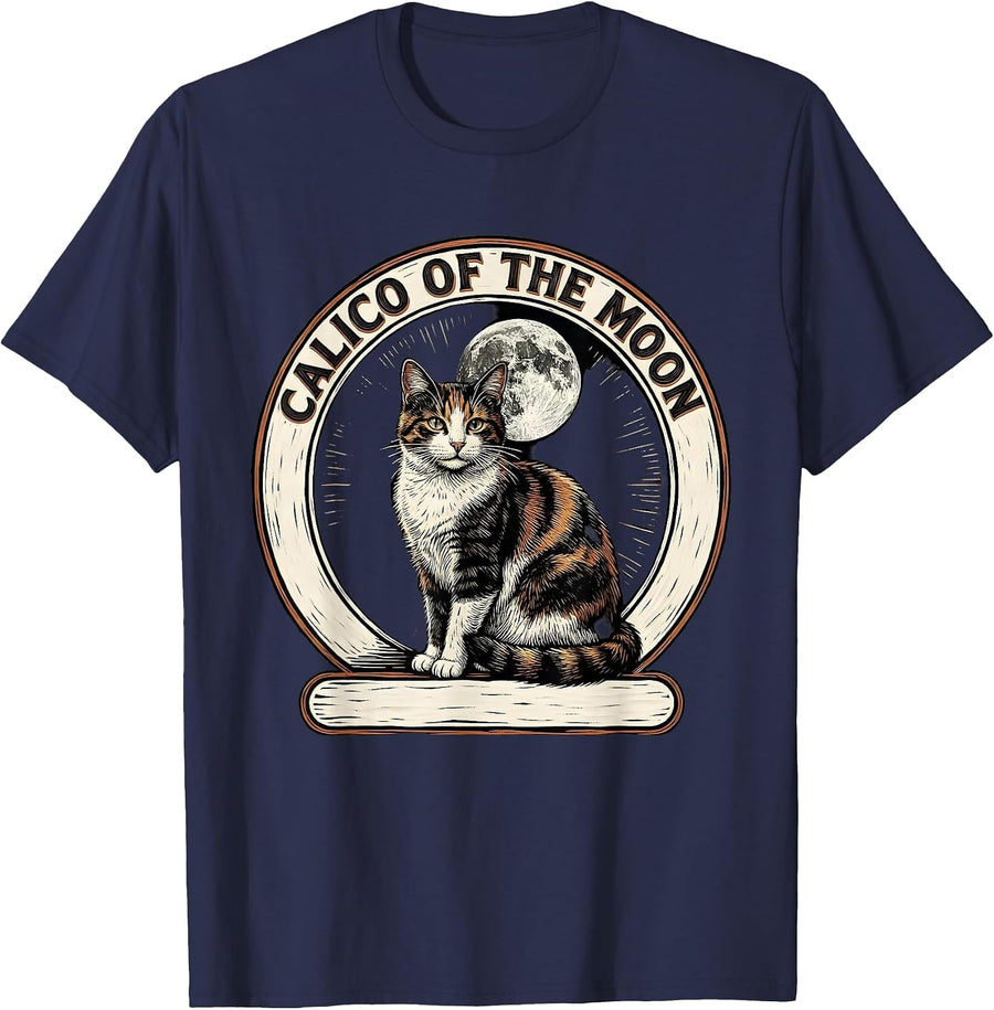 Calico Of The Moon Funny Cat Art Retro 90s T-Shirt - Navy Blue