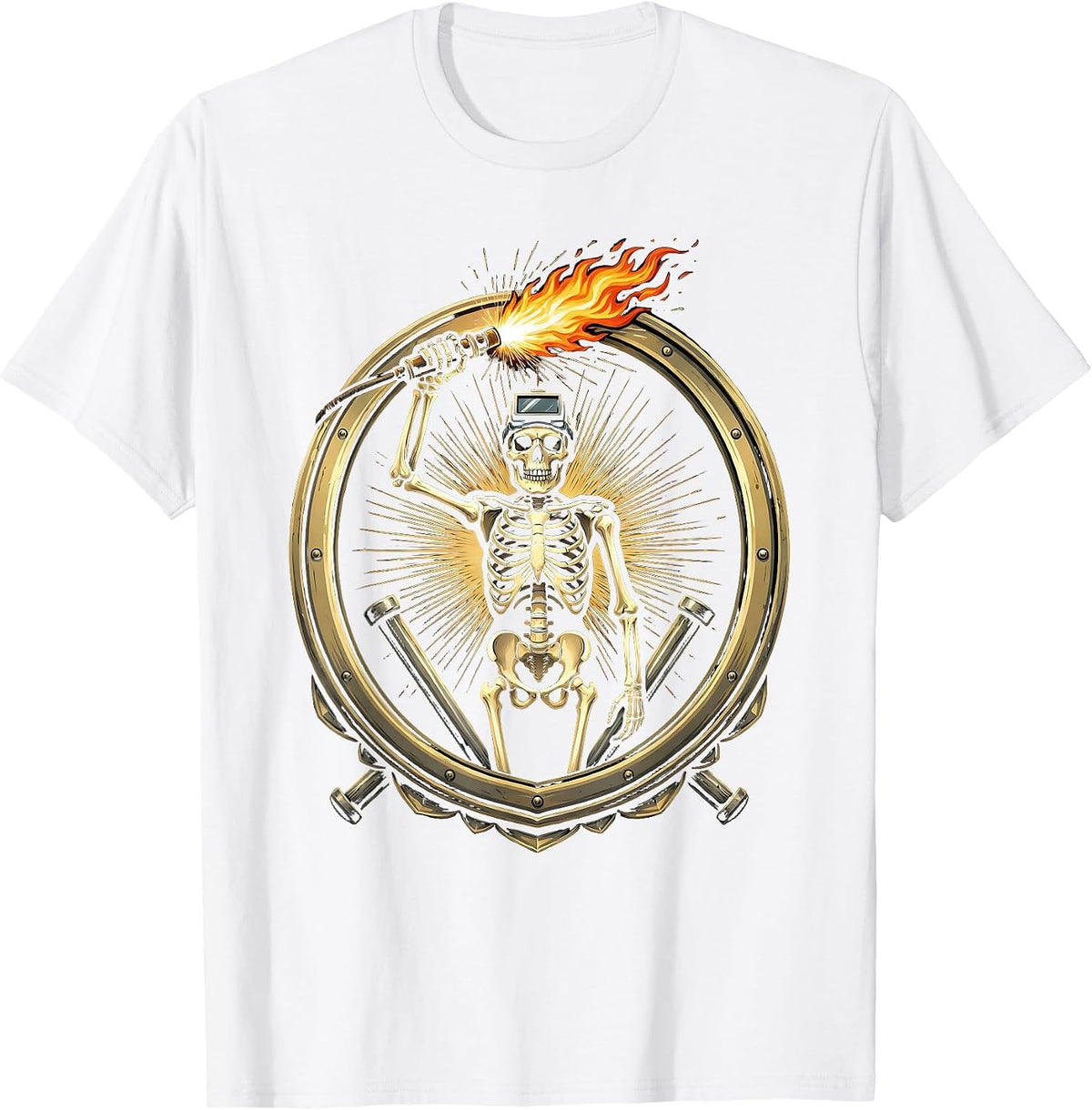 Men's Skeletal Welder Torch Scepter Dark Art Design T-Shirt - White