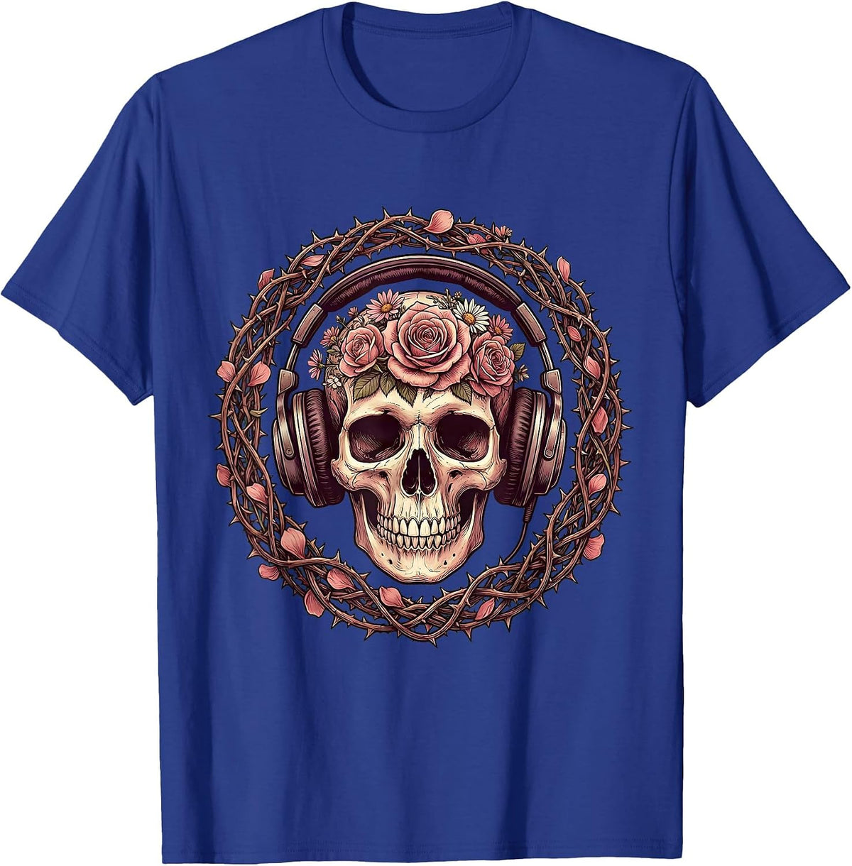 Skull With Oversized Headphones Band Music Art T-Shirt - Royal Blue