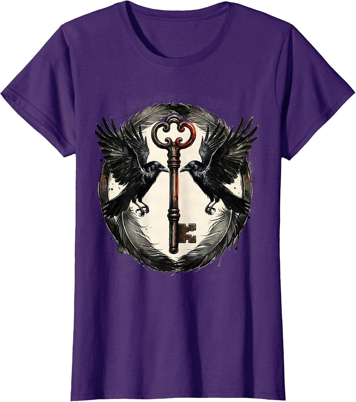 Women's Twin Crows and Iron Key Gothic Illustration T-Shirt - Purple