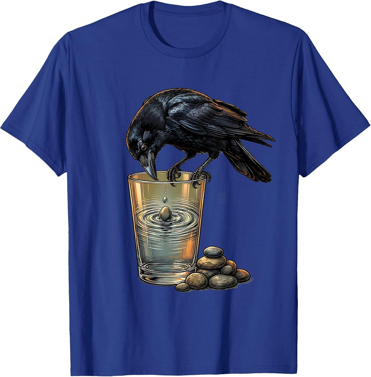 Crow Dropping Stone Into Glass Illustration T-Shirt - Royal Blue