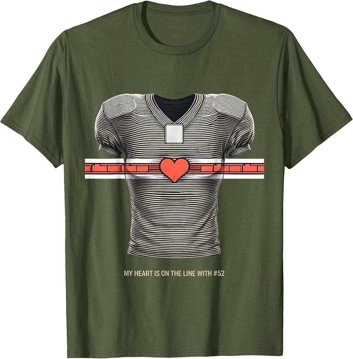 Men's My Heart Is On The Line With #52 Football Mom Jersey Number T-Shirt - Olive Green