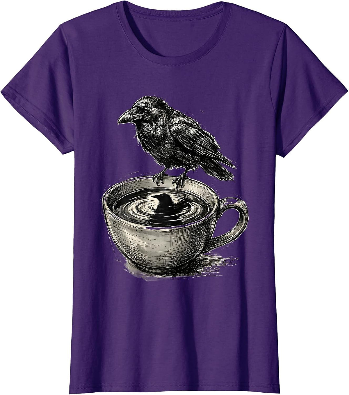 Women's Crow Reflection Dark Coffee Surface Illustration T-Shirt - Purple