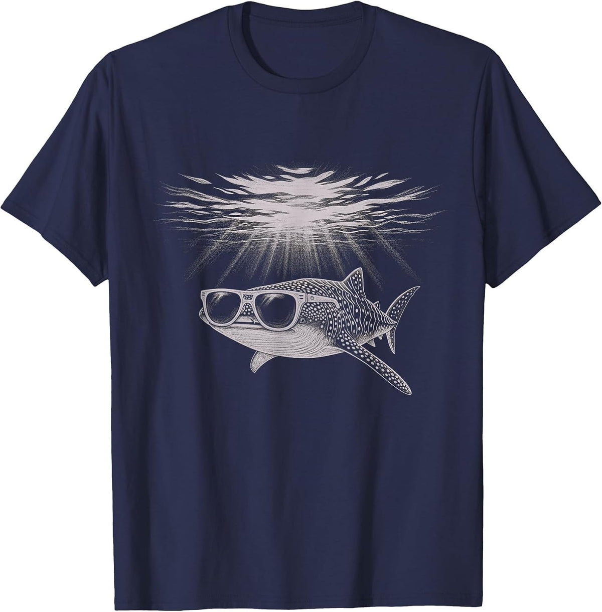 Cool Whale Shark Wearing Sunglasses Drawing Art Design T-Shirt - Navy Blue