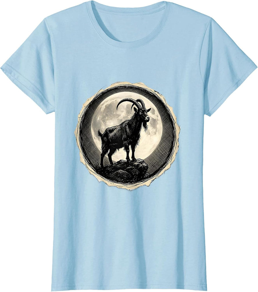 Women's Goat Silhouette Full Moon Night Sky Design T-Shirt - Baby Blue