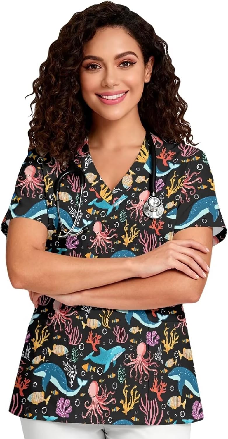 PinUp Angel Women's Cute Funny Graphic Scrub Top V-Neck Short Sleeve with Pockets Lightweight Workwear for Nurses - Blue